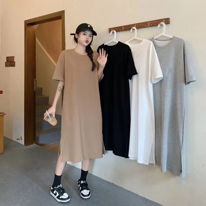 仿棉牛奶絲# T恤裙女chic韓版寬鬆慵懶風純色休閒直筒連衣裙