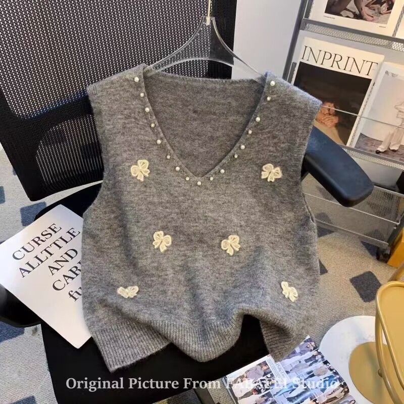 廣州十三行女裝灰色鑲鑽立體蝴蝶結馬甲春季款設計感高級針織背心