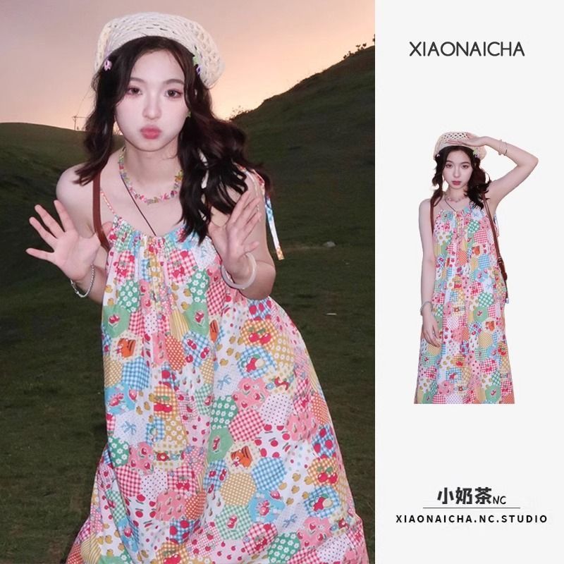 法式初戀碎花吊帶連衣裙女夏季2025新款甜美減齡花邊長裙子
