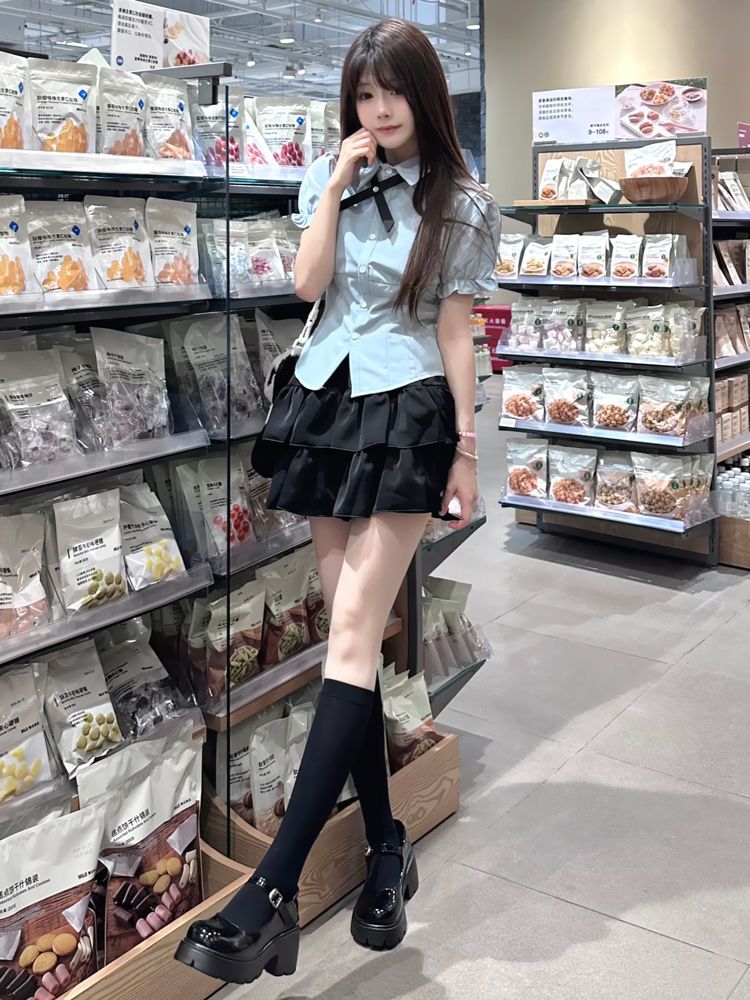 American style jk uniform sailor suit women's waist-hugging slim shirt suit pure fluffy cake skirt two-piece set