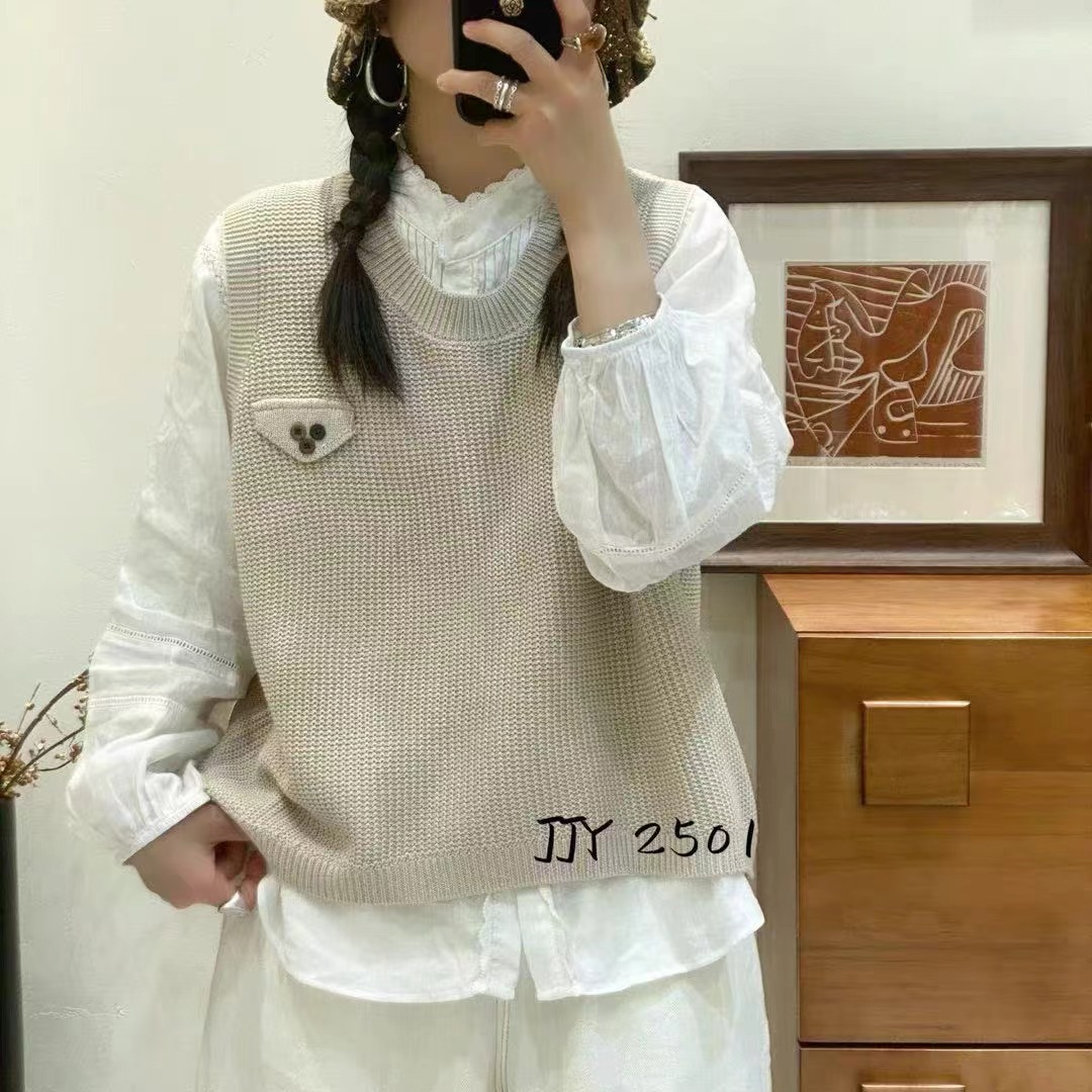 針織馬甲女背心2025春季新款純色寬鬆圓領不規則套頭馬夾坎肩外搭