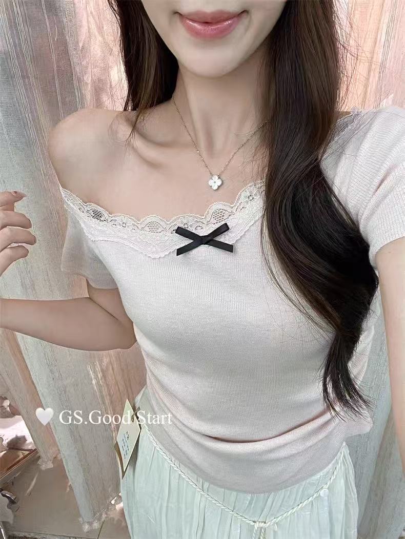 Non-real photo pure lace splicing bow short-sleeved top hot girl slim base one-shoulder knitted sweater