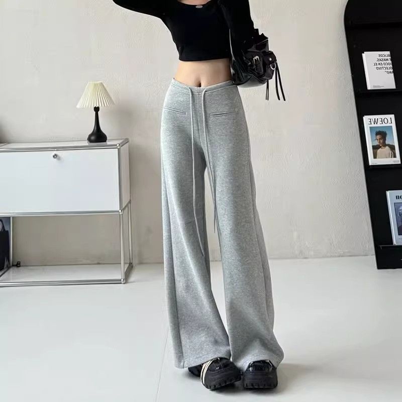 2025百搭灰色微喇休閒褲女秋冬新款高腰垂感顯瘦抽繩直筒闊腿褲