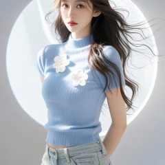 春季小眾經典百搭立體花朵T恤高級感純色正肩針織短袖打底上衣潮