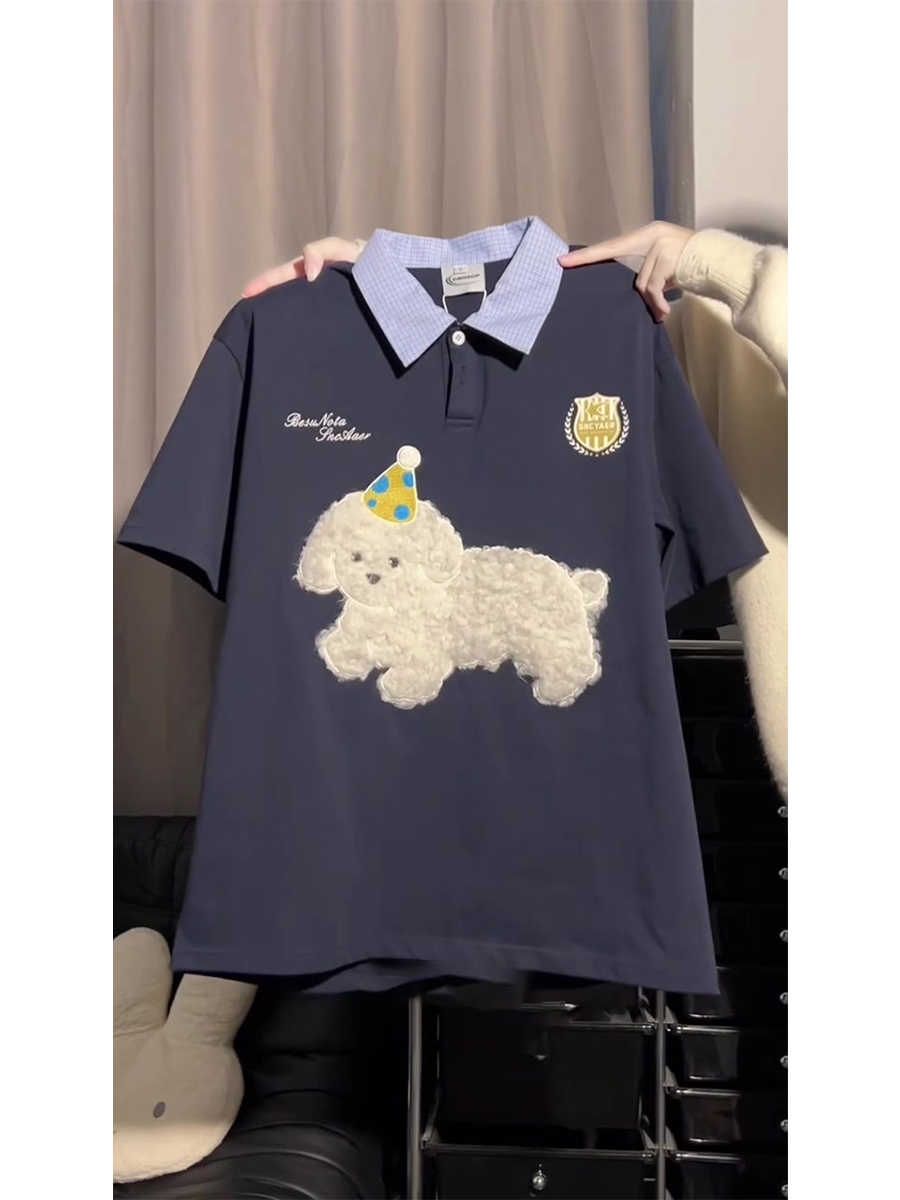 American retro college style embroidered dog short-sleeved T-shirt for women in summer loose lazy style versatile couple tops ins