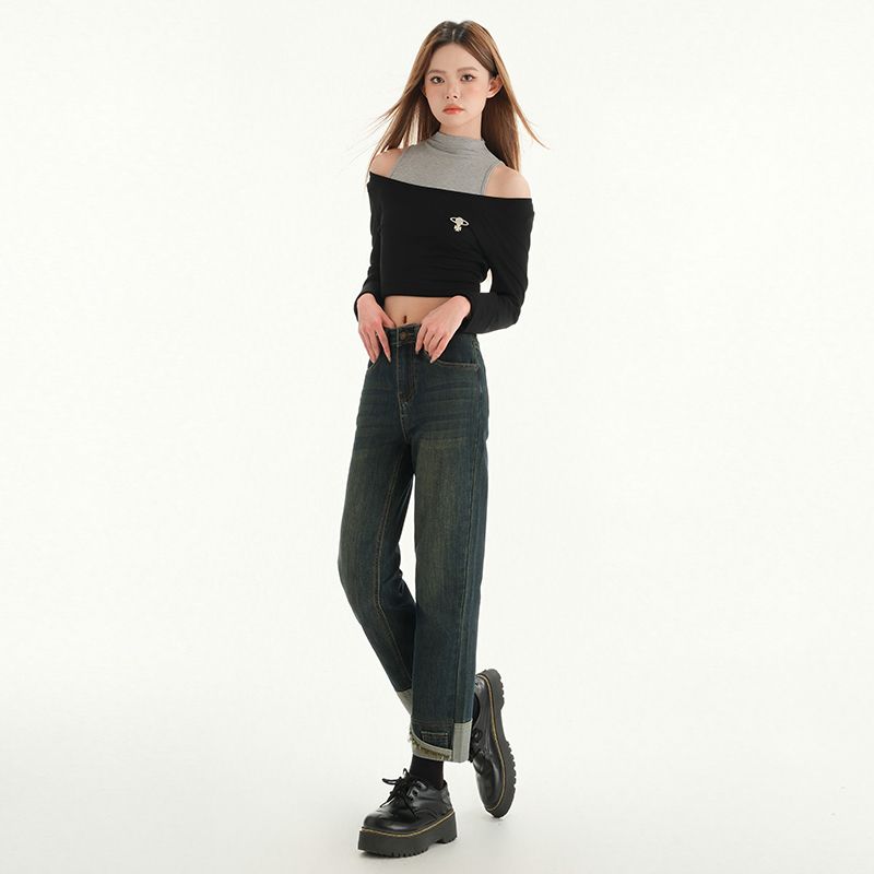 Real shot of 2025 spring fashion jeans women's straight cut pants high waist elastic slimming cigarette pants