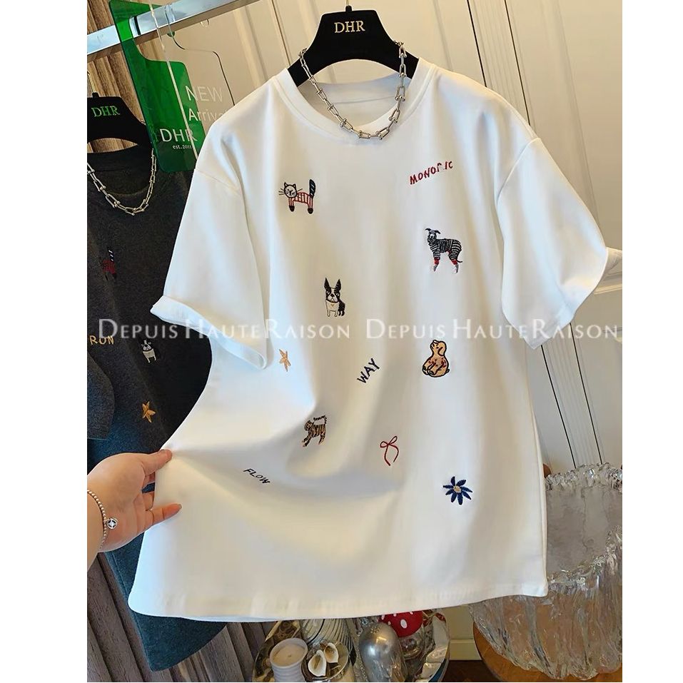 B771#官圖特大碼300斤刺繡磨毛短袖T恤寬鬆上衣女2025新款