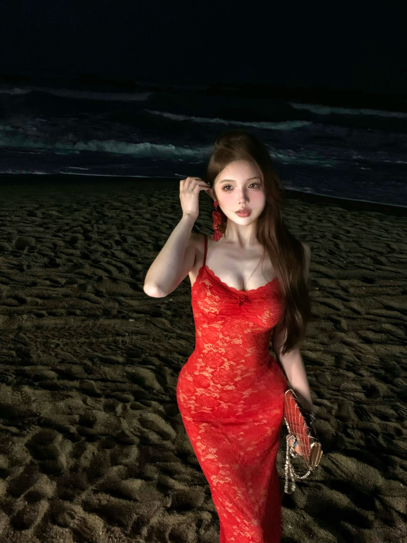 Real photo of red lace suspender dress for women in summer sexy slim hip-slim skirt