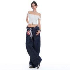 Real shot of 2025 spring black ears with double waist American hot girl scimitar pants design washing and versatile slim denim