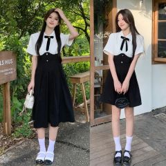 Fat mm2025 summer new style spliced ​​fake two-piece dress temperament college style slim short-sleeved dress