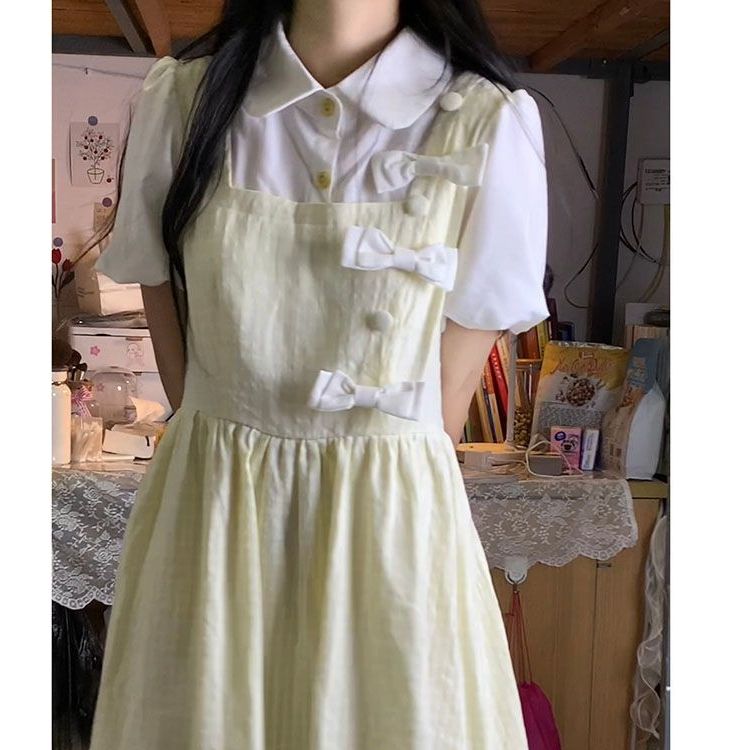 蝴蝶結假兩件連衣裙女寬鬆顯瘦仙女裙