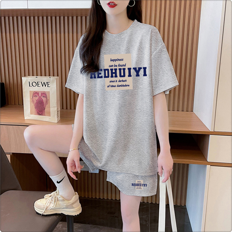 Pure cotton 21 200g 2025 summer casual sports short-sleeved T-shirt shorts for women two-piece set