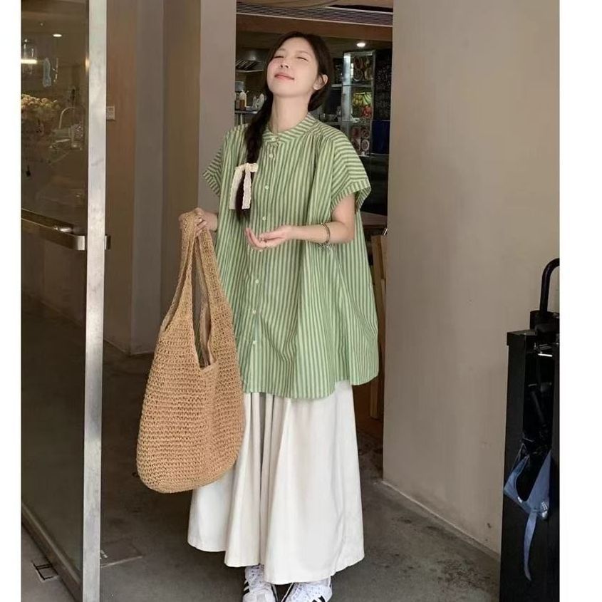 新款復古氣質套裝中長款條紋襯衫女夏季寬鬆休閒褲長褲兩件套