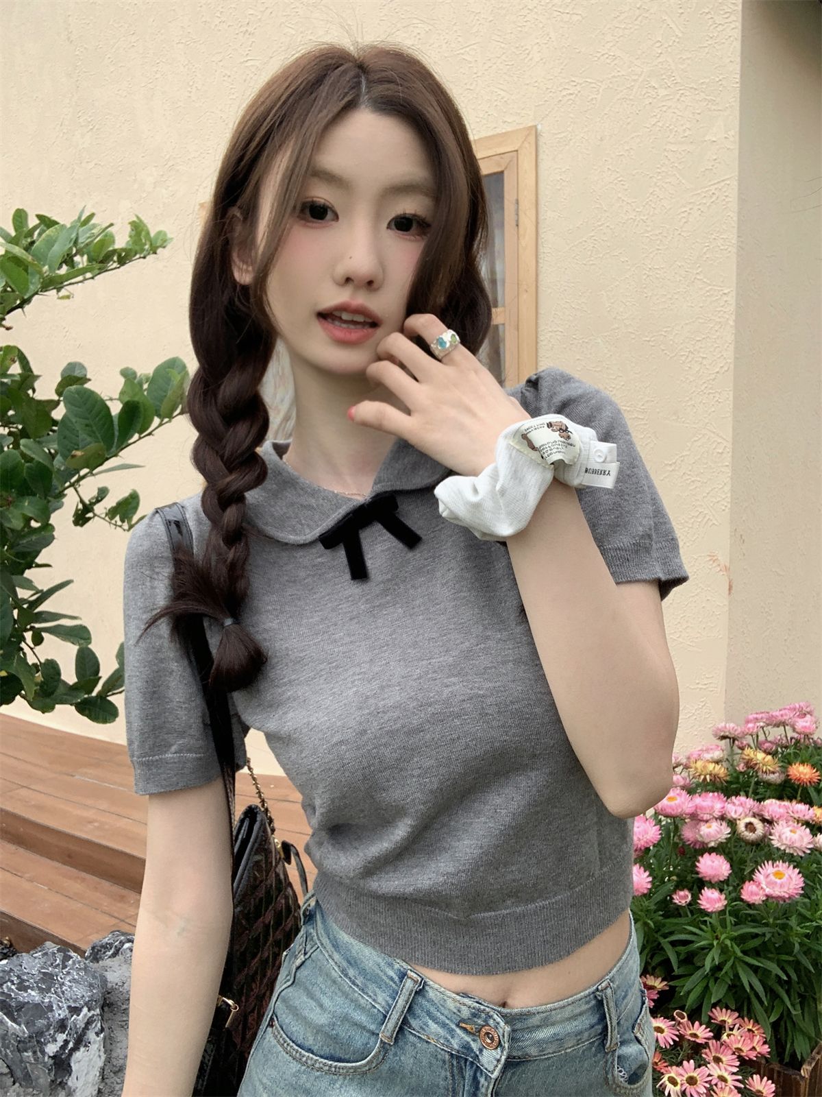 Gray doll collar bow short-sleeved sweater women's 2025 summer sweet style age-reducing versatile short top