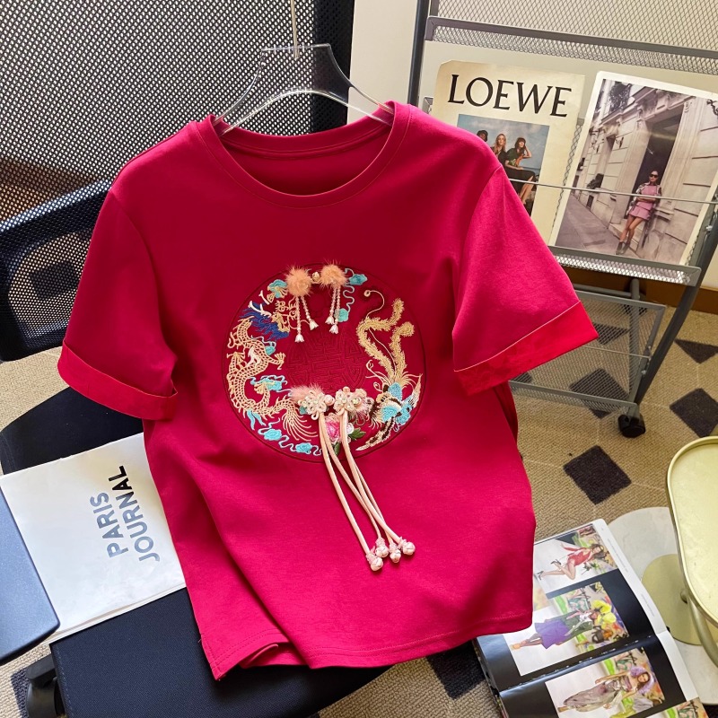 2025新款新年紅立體裝飾國風刺繡短袖t恤女春季重工寬鬆百搭上衣