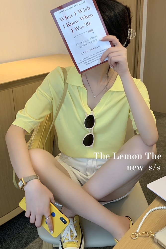 TheLemon檸檬綠茶 檸檬黃polo領冰絲短袖針織上衣女夏季百搭