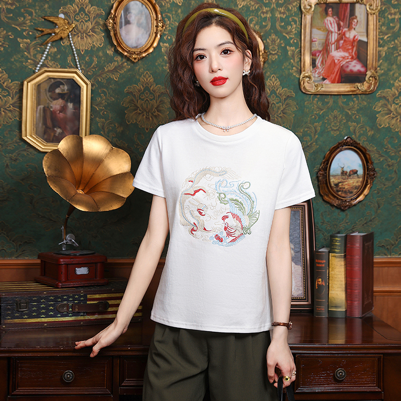 實拍白色T恤女短袖新款高支棉龍鳳吉祥刺繡高級感新中式國風上衣