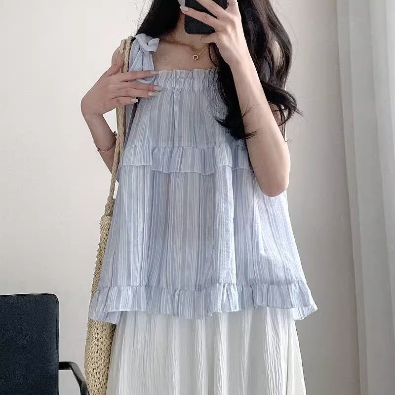 ins甜辣風小清新綁帶背心吊帶女夏季新款韓版高腰顯瘦娃娃衫上衣