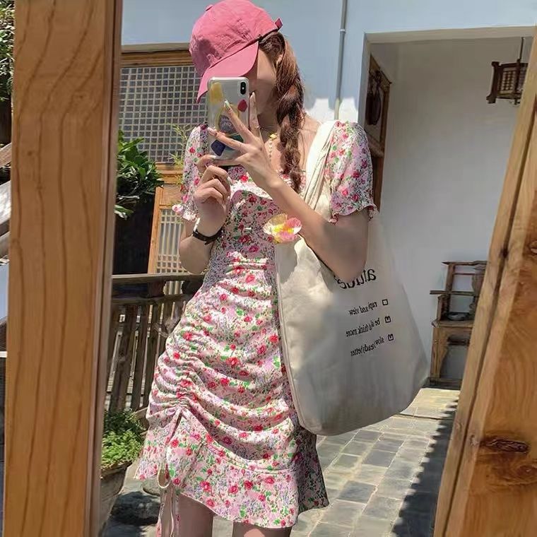 抽繩魚尾裙子新款碎花連衣裙夏裝ins超仙學生法式初戀裙
