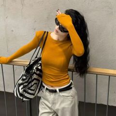 時尚百搭休閒正肩長袖修身顯瘦歐美街頭日雜風T恤女