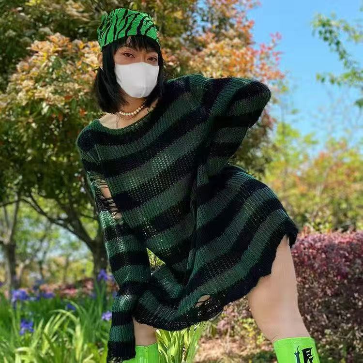 慵懶風新款秋季長袖寬鬆套頭上衣針織衫女圓領撞色條紋毛衣設計感