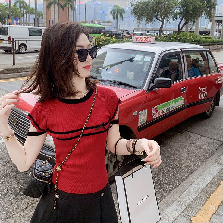 Tmall quality small fragrance style high-end short-sleeved knitted women's 2025 summer new round neck ice silk top