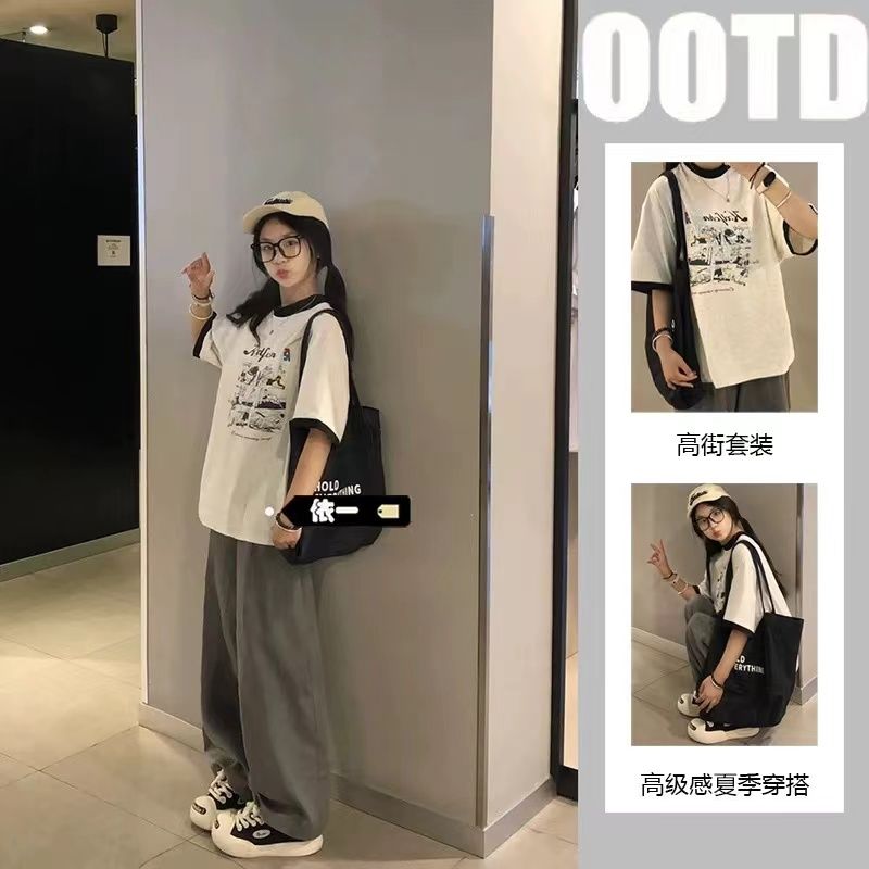 休閒運動套裝夏季日系少女寬鬆短袖T恤闊腿褲學院風復古兩件套