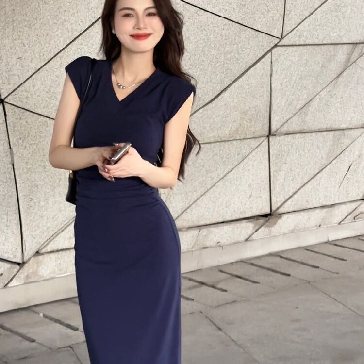 大婷婷 夏季V領收腰連衣裙顯瘦修身包臀裙法式小眾DT01068233