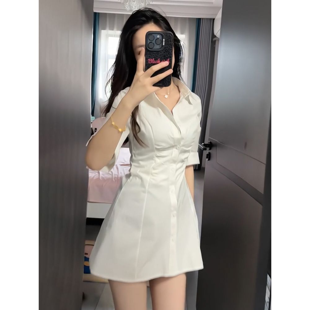 白色Polo領襯衫連衣裙子女夏季2025新款修身收腰顯瘦性感a字短裙