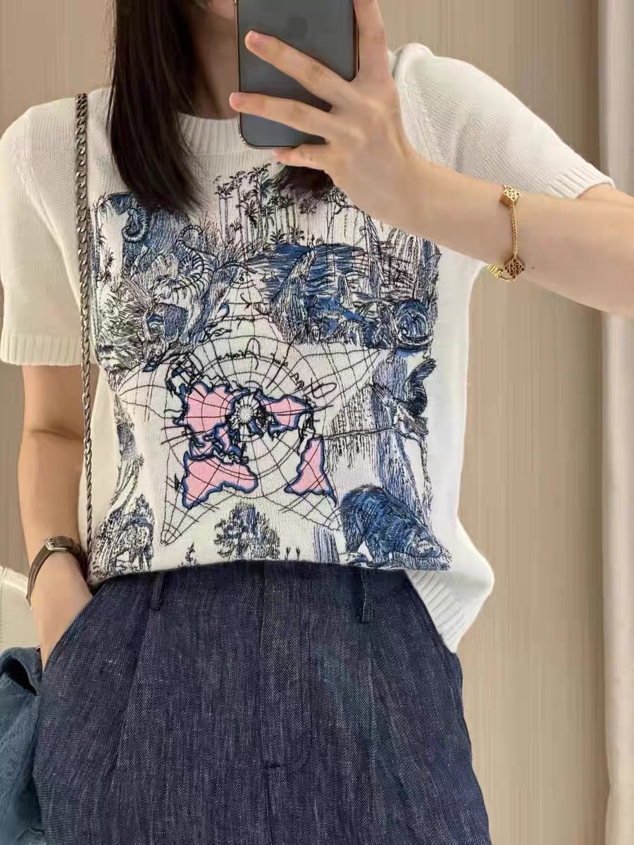 重工刺繡印花短袖t恤女2025年夏季新款百搭休閒圓領針織上衣