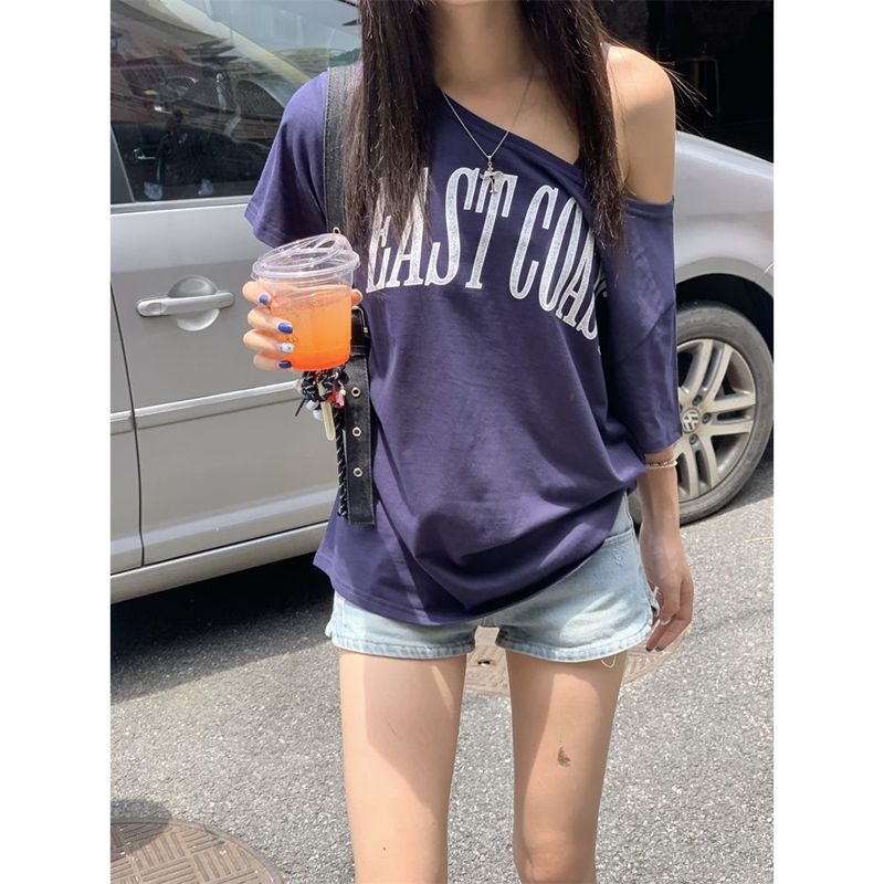 Official picture colored cotton pull-up American slanted collar off-shoulder short-sleeved T-shirt for women in summer thin design retro top
