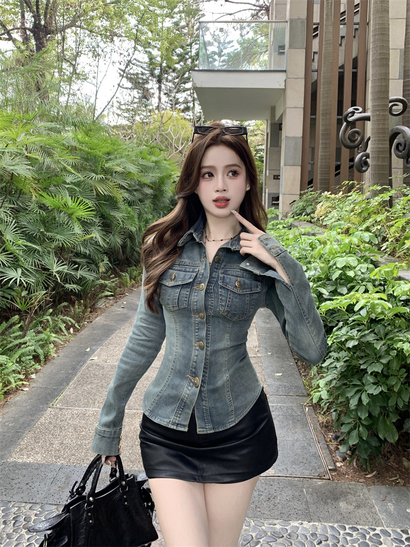 實拍 美式復古牛仔衫短外套春季新款水洗藍收腰夾克上衣女