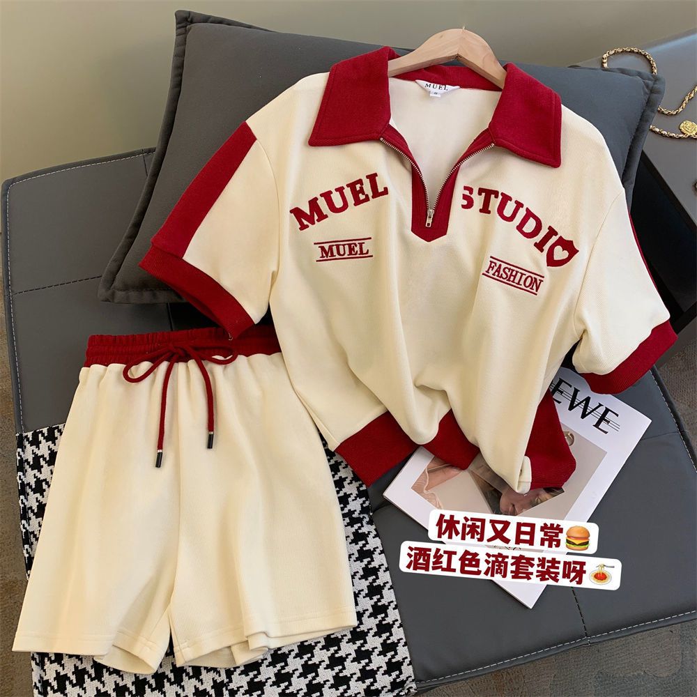 運動時尚套裝女2025年夏裝新款polo領學院風休閒短褲撞色兩件套女