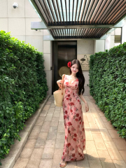 Real shot of rose full-print v-neck dress for women in spring slim holiday long skirt