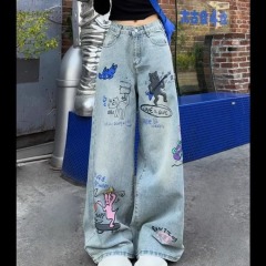 設計感甜酷塗鴉印花高腰牛仔褲男女春秋街頭復古慵懶寬鬆休閒長褲