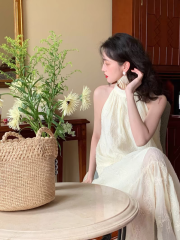 French retro white lace neck dress with wine noon new style sexy sleeveless off-shoulder long skirt for women