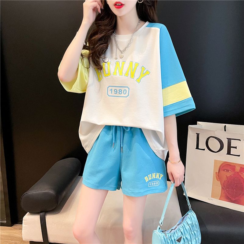 6535 pull-up frame new summer student short-sleeved T-sleeved shorts color-blocking two-piece casual sports suit