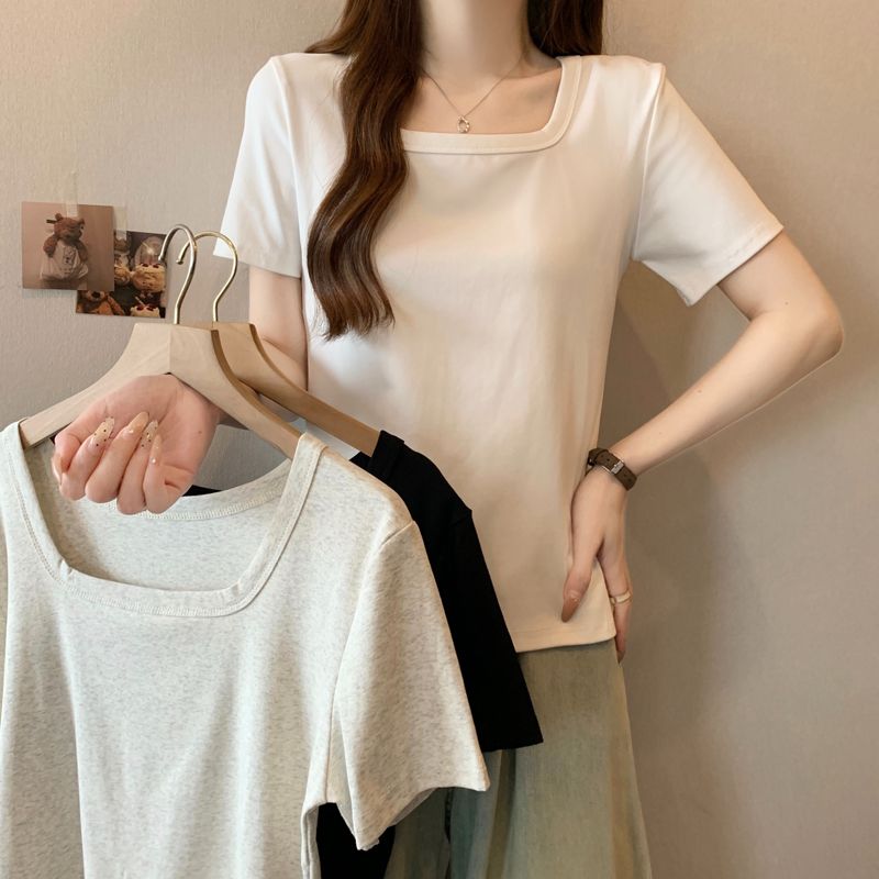 Real shot # square collar T-shirt for women's short-sleeved new slim fit and slim inner wear pure cotton shoulder bottoming half-sleeved top