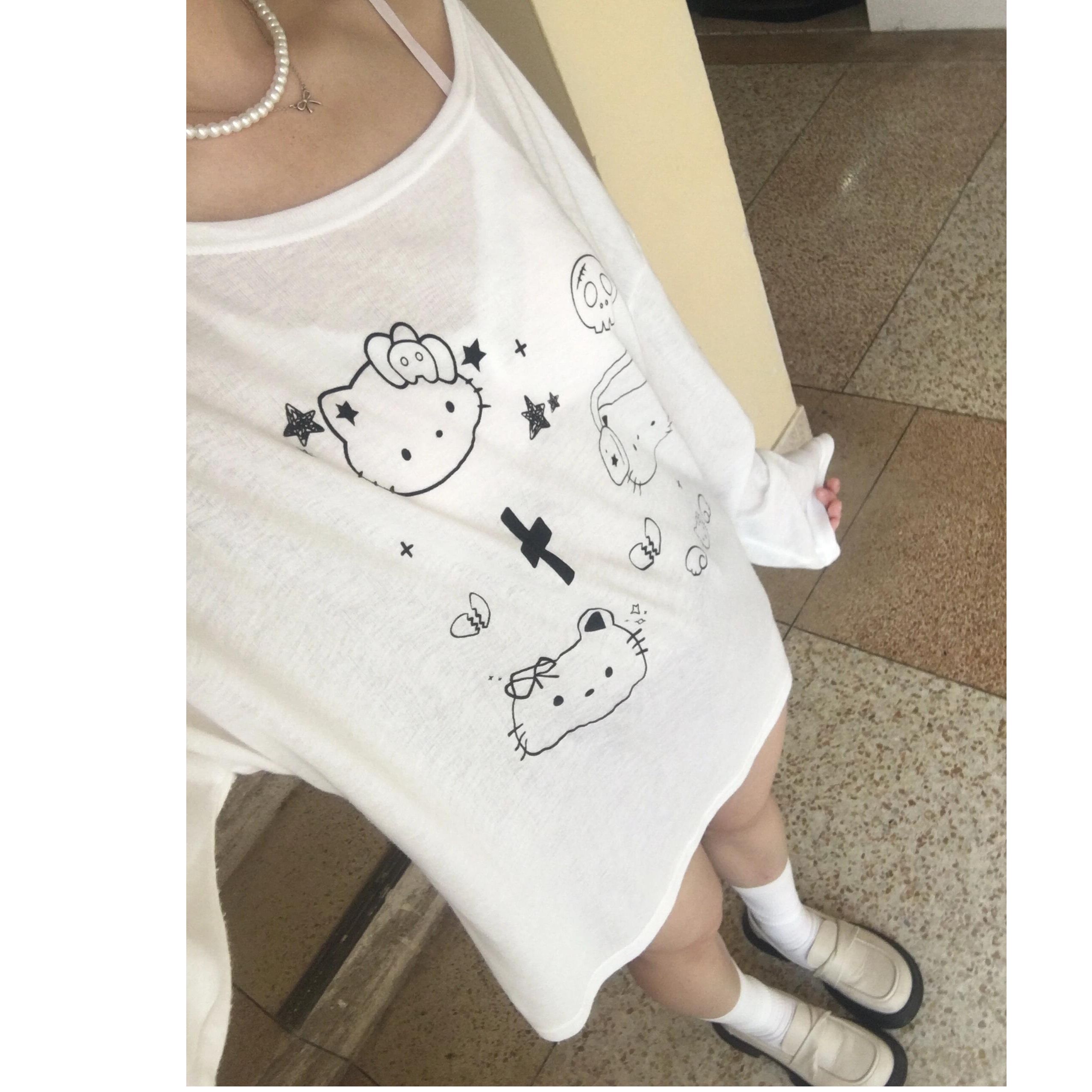慵懶風kt貓長袖罩衫T恤女夏季新款百搭可愛白色寬鬆長袖微透上衣