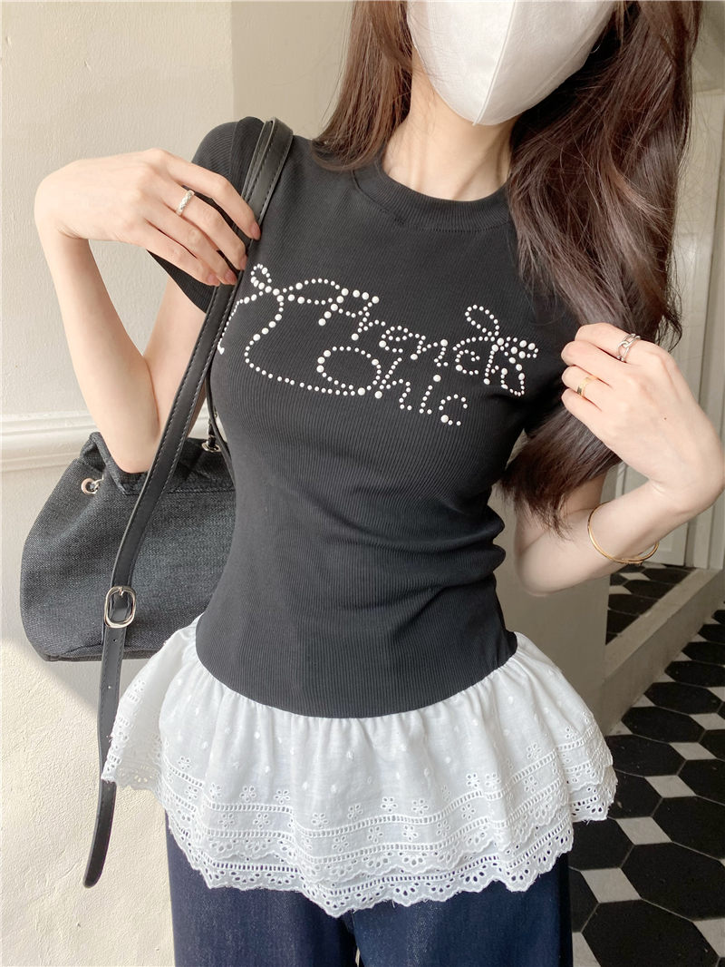Real photo Song Zhengen bow-skinned diamond lace black short-sleeved T-shirt for women, slim and short shoulders