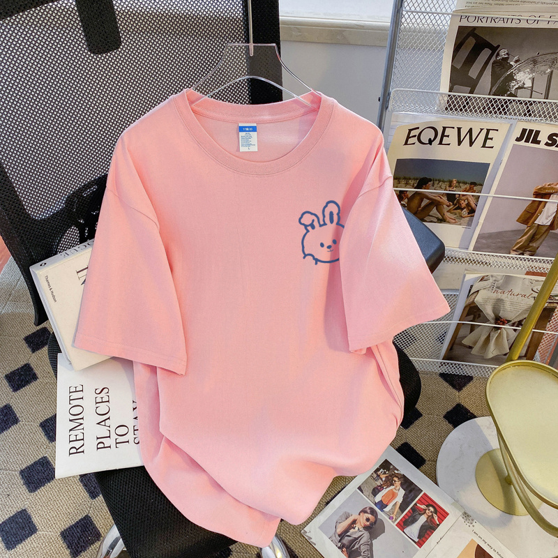 First launch real-life pure cotton back collar mid-length Korean version summer contrast printing short-sleeved T-shirt for women