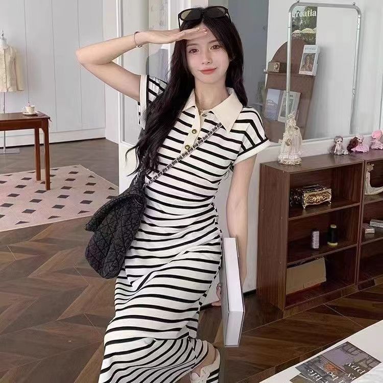 夏季新款條紋Polo連衣裙網紅時尚減齡洋氣顯瘦氣質休閒裙子女