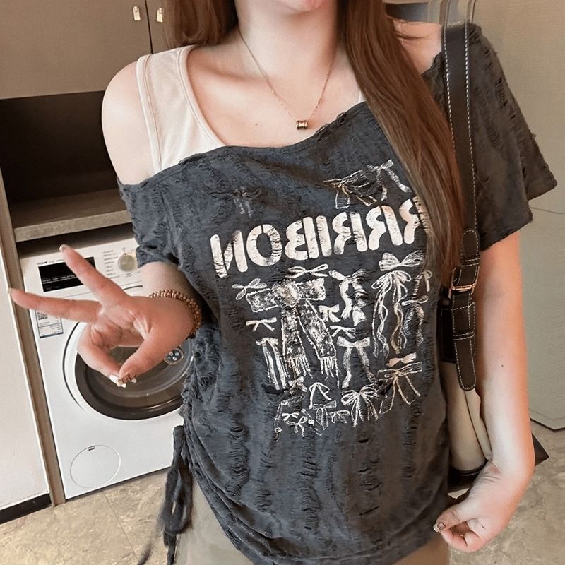 原版破洞布大碼女裝美式復古設計感短袖t恤女夏修身顯瘦上衣