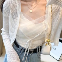 高端荷葉邊開衫女綁帶設計感吊帶外搭罩衫夏季薄款冰絲防曬衫上衣