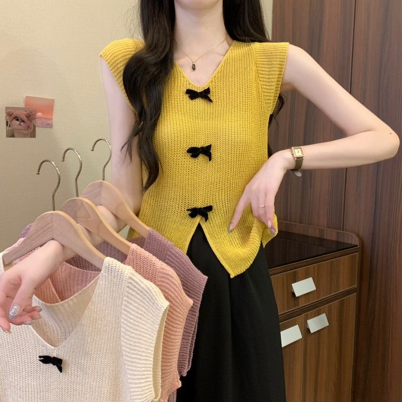 Tmall quality summer new model niche design with unique three-dimensional bow slit V-neck ice silk knit