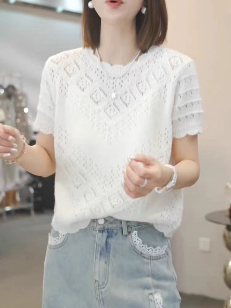 2025新款鈎花鏤空針織衫短袖t恤女夏季寬鬆氣質百搭圓領薄款上衣
