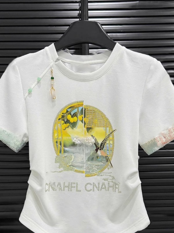 新中式輕國風女裝刺繡拼接氣質上衣白色短袖正肩t恤2025新款夏季