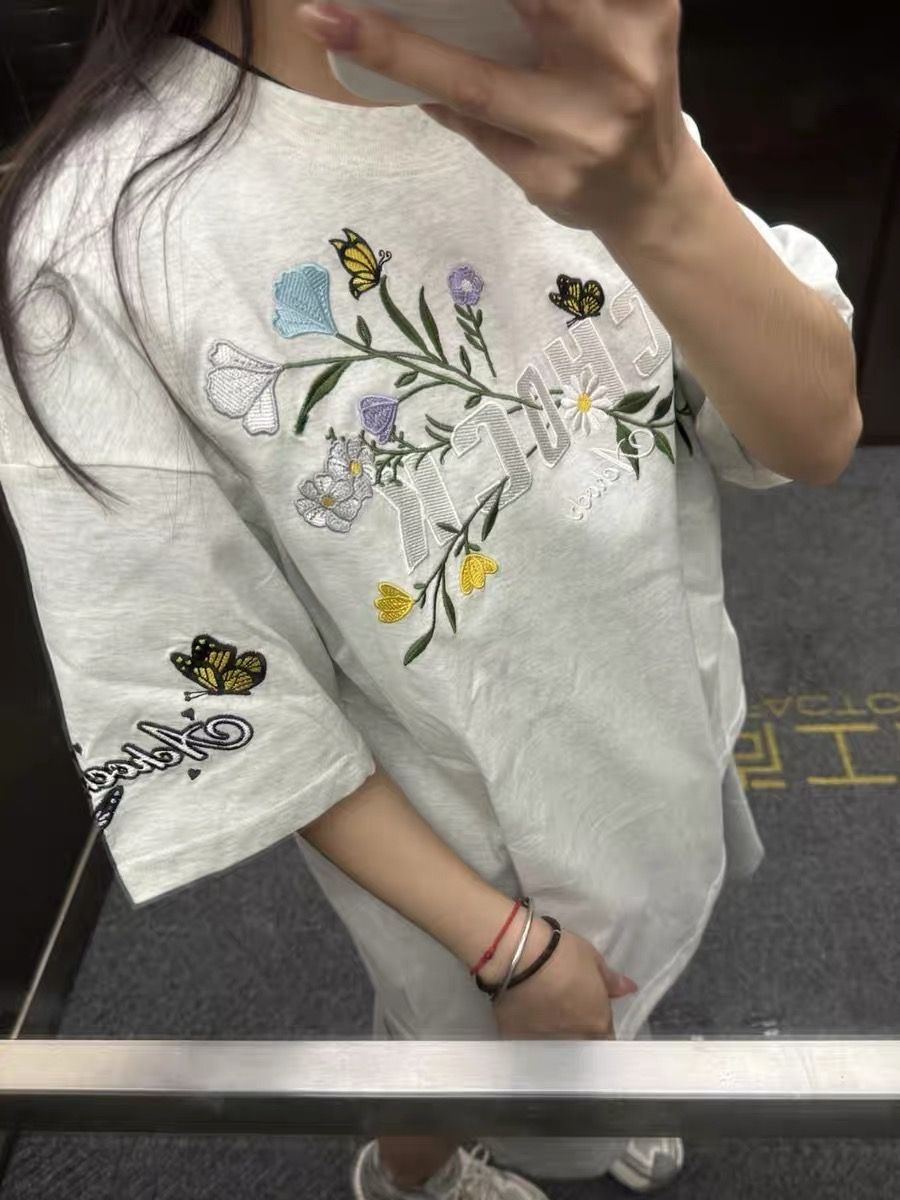 刺繡純棉220克精梳緊密短袖t恤女