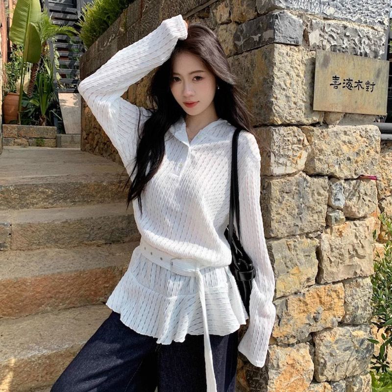 Official photo Sweet and cool hot girl long-sleeved hooded T-shirt for women in spring and summer niche loose hollow slim mid-length top