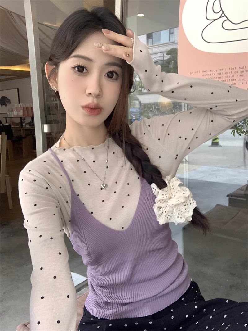 Tmall quality Korean style wear polka dot base shirt for women knitted vest suspender vest suit top